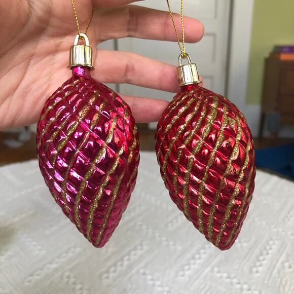 Vintage Glass Pinecone Ornaments Set of 2 Red w/ Gold Glitter 4" Holiday Decor - Picture 1 of 6